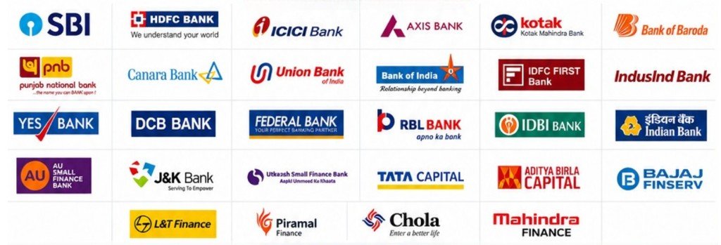 Banking and NBFC partners including SBI, HDFC Bank, ICICI Bank, Axis Bank, Kotak, Bank of Baroda, PNB, Canara Bank, Union Bank, IDFC FIRST Bank, Bajaj Finserv, Tata Capital, and more