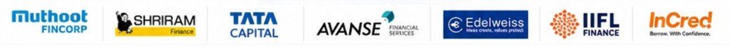 NBFC partners including Muthoot Fincorp, Shriram Finance, Tata Capital, Avanse, Edelweiss, IIFL Finance, and InCred
